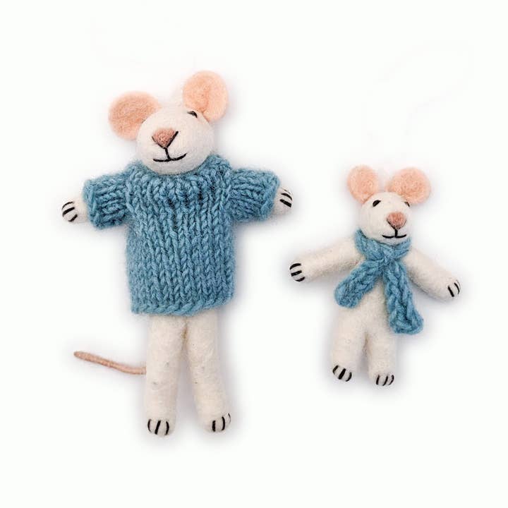 Two toy mice, one wearing a blue sweater and the other with a blue scarf, on a white background.
