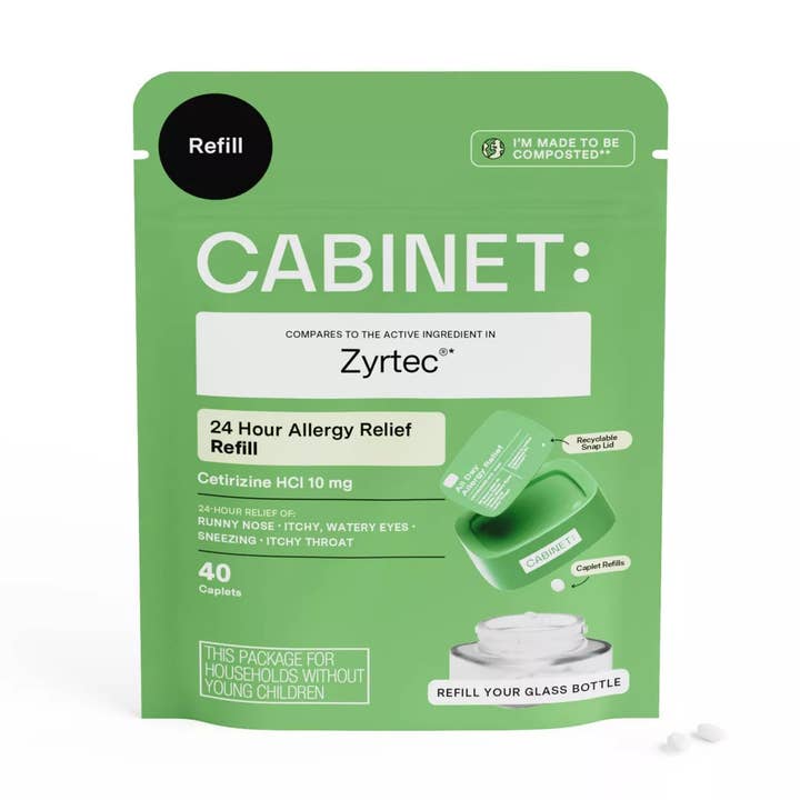 Green 'CABINET' allergy relief refill package for Zyrtec on a white background