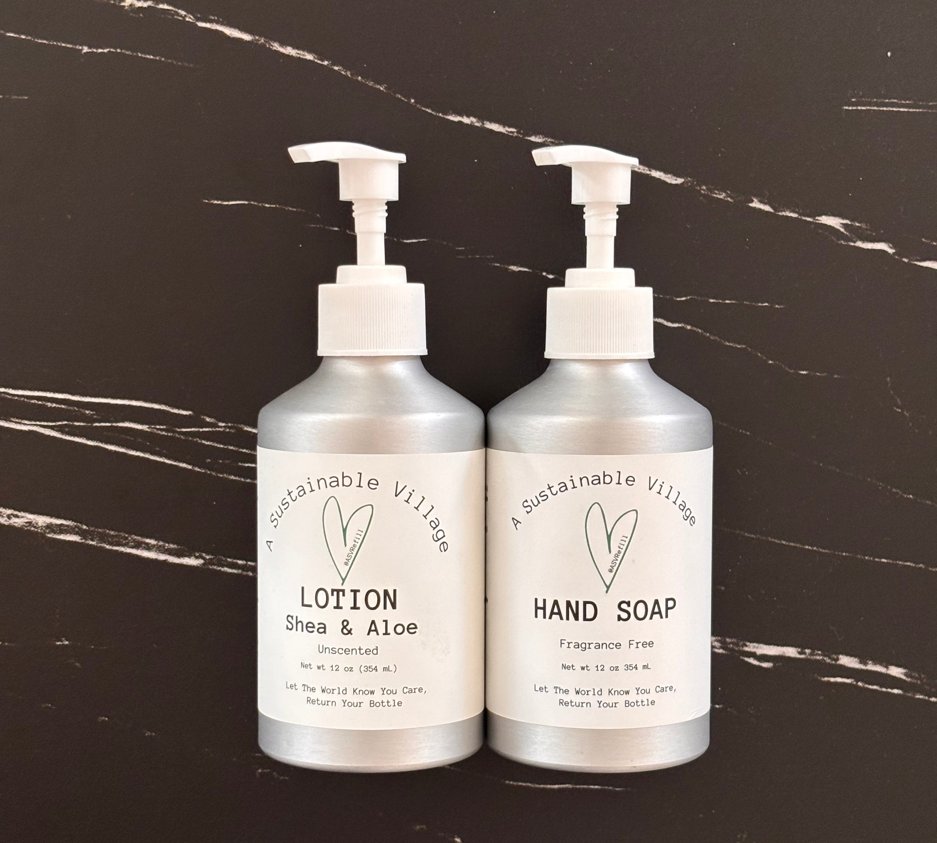 Two bottles of Sustainable Village skincare products on a dark surface