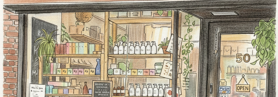 Illustration of a store front with 'A Sustainable Village' sign and zero waste refill shop.