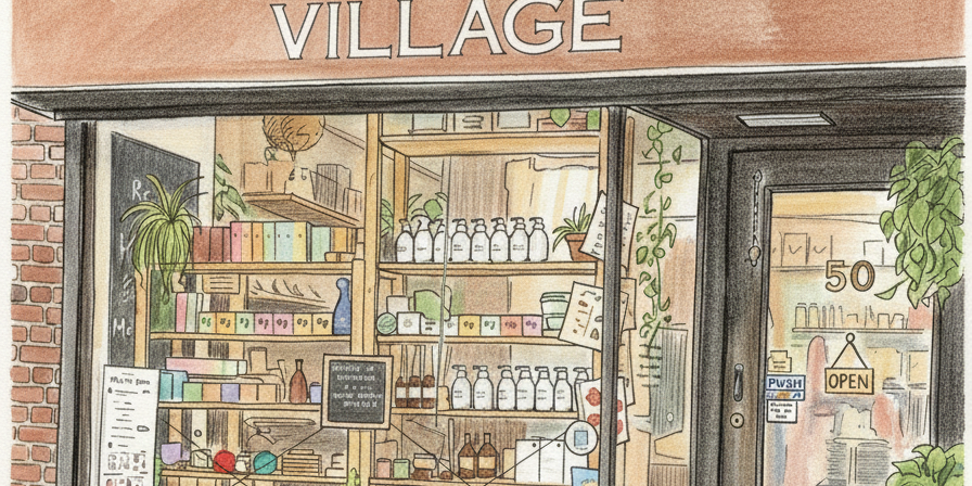 Illustration of a store front with 'A Sustainable Village' sign and zero waste refill shop.