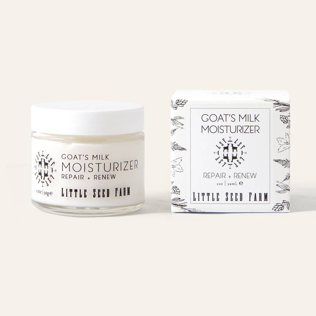 Goat's Milk Moisturizer jar and packaging from Little Seed Farm on a white background