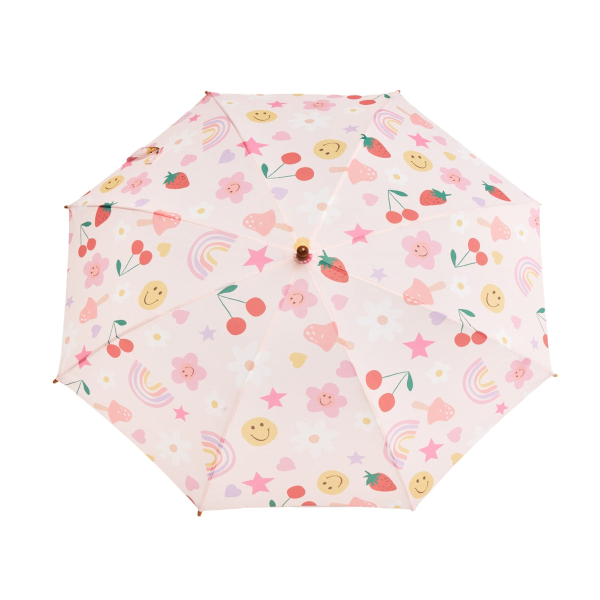 Colorful patterned umbrella on a white background. Kids umbrella made from plastic water bottles.