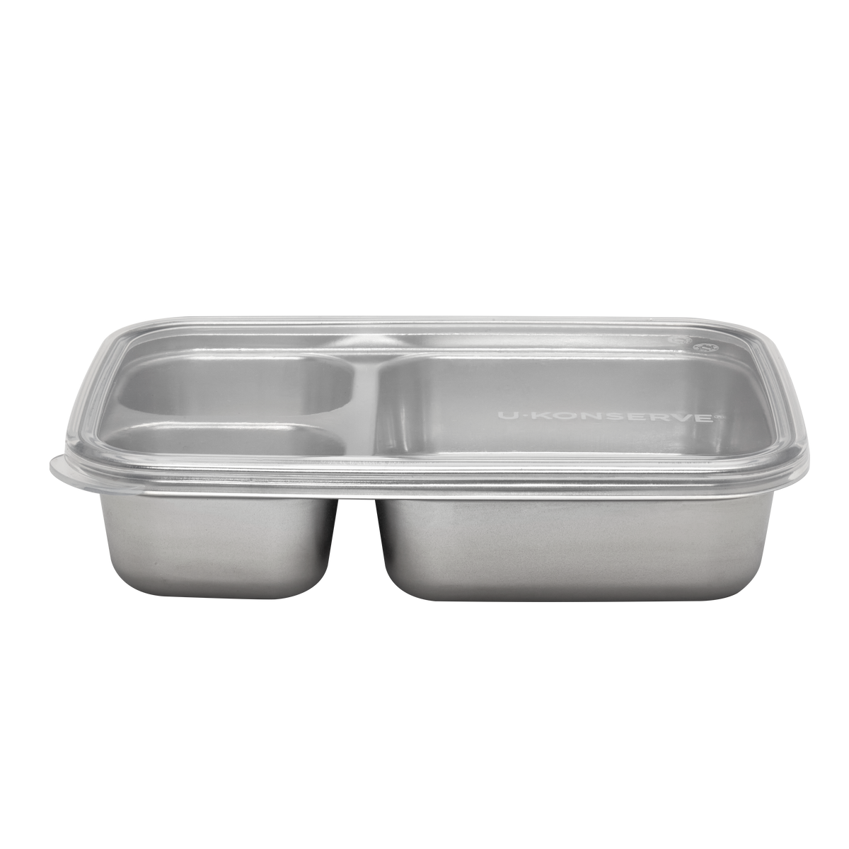 A stainless steel compartment food tray with a clear plastic lid, featuring two main sections and one smaller section on the left, with the brand name 'U-KONSERVET' printed on the lid.