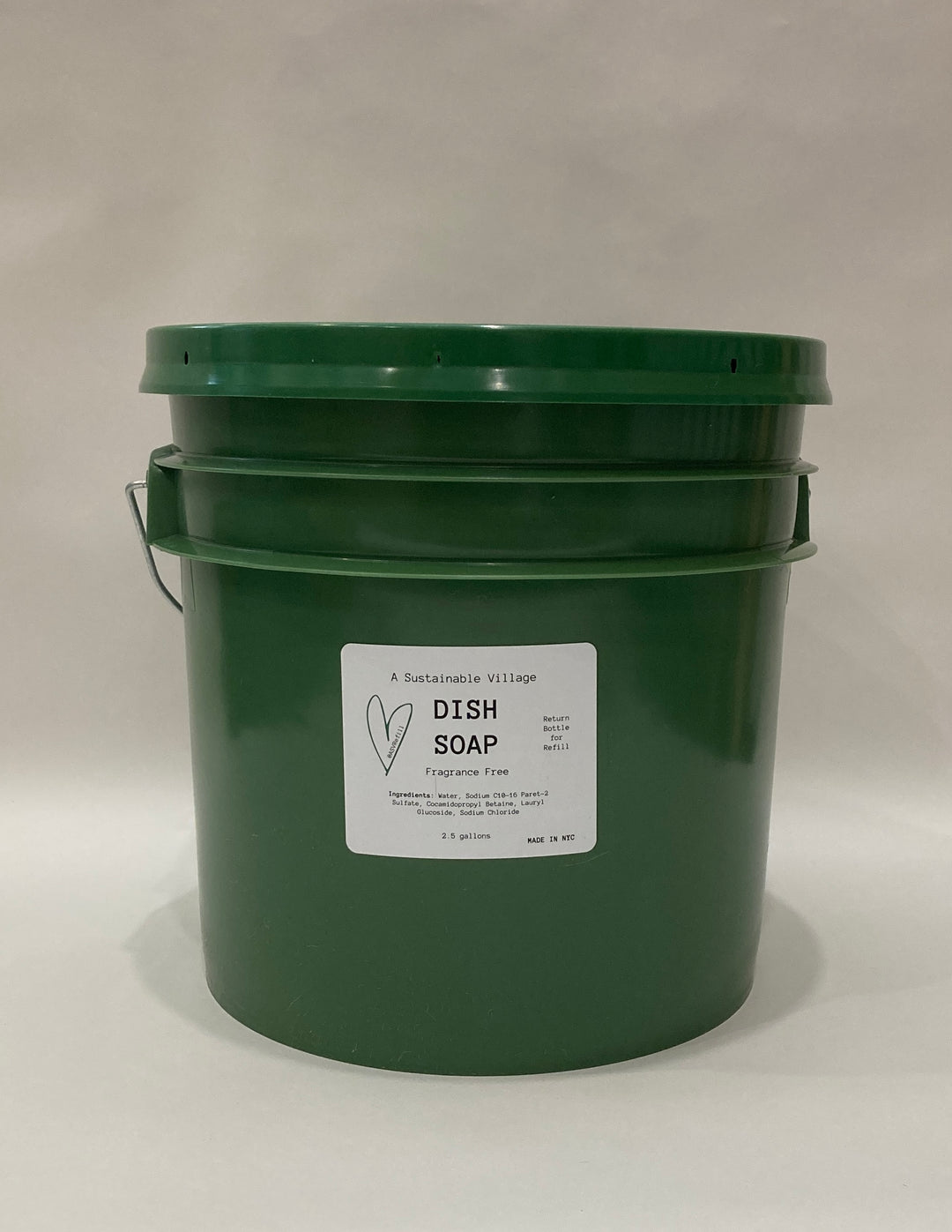 3.5 gallon Green bucket of dish soap with a label on a white background