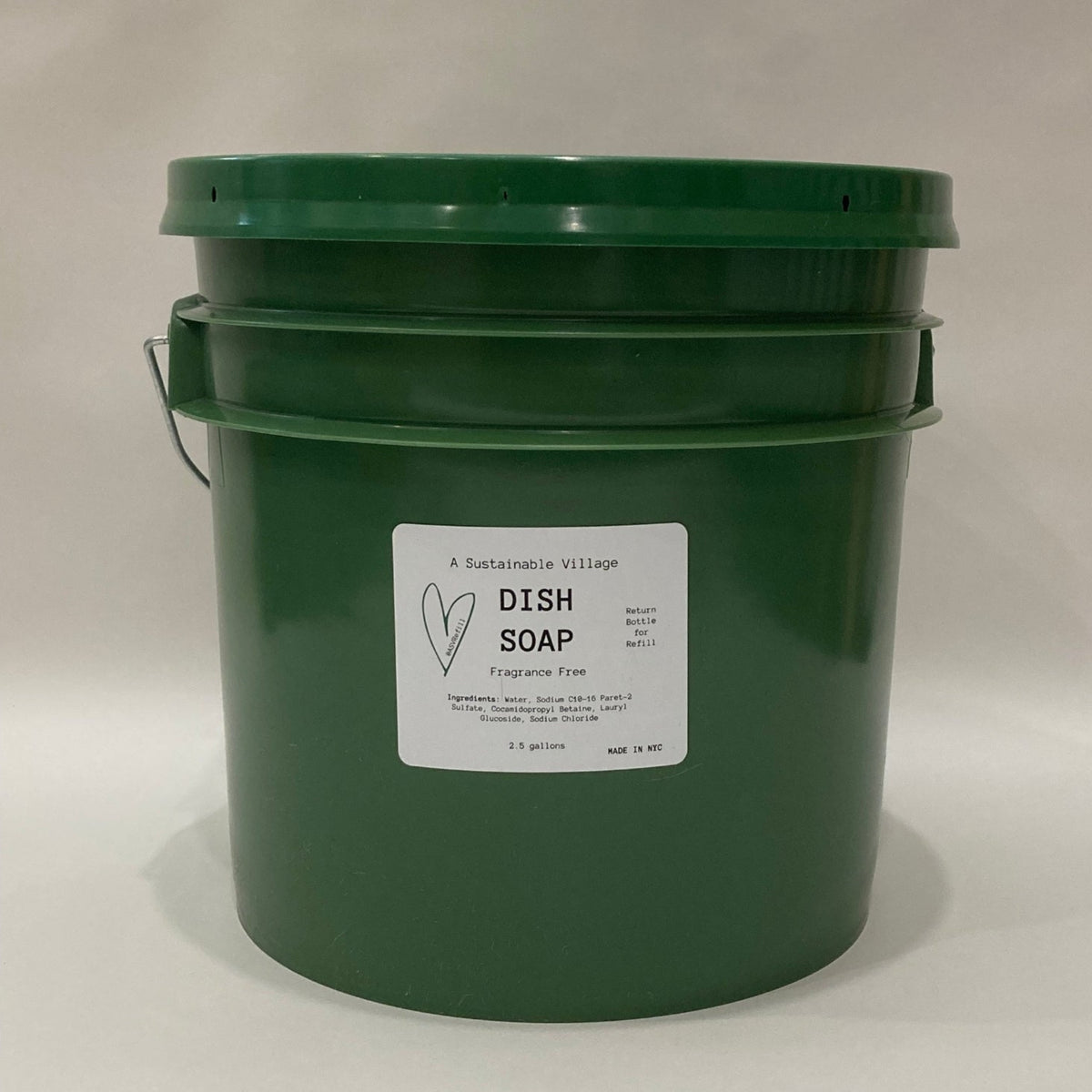 3.5 gallon Green bucket of dish soap with a label on a white background