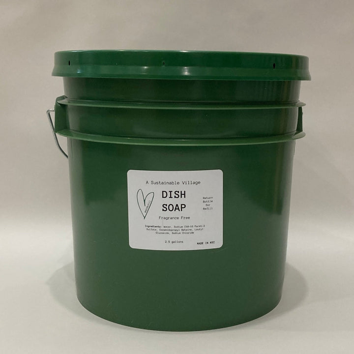 3.5 gallon Green bucket of dish soap with a label on a white background