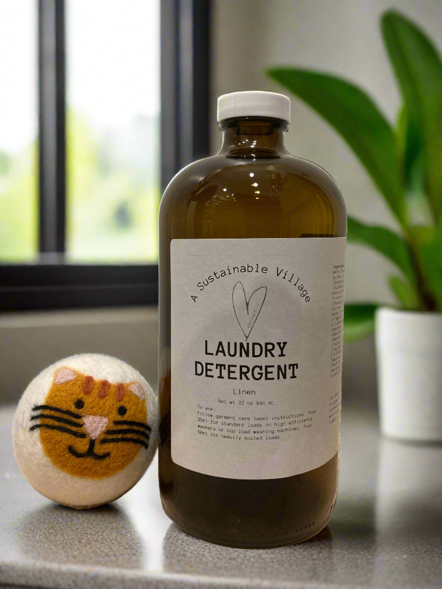 32 oz linen laundry detergent in amber glass bottle, made to be refilled, refillable, zero waste, refill shop