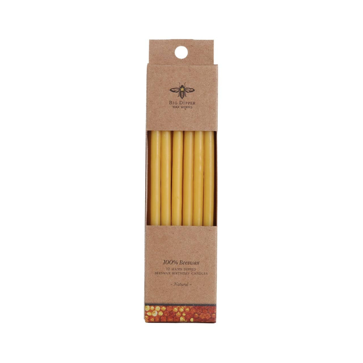 Pack of beeswax candles in a brown cardboard box on a white background