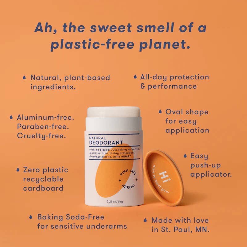 Natural deodorant container with features listed on an orange background