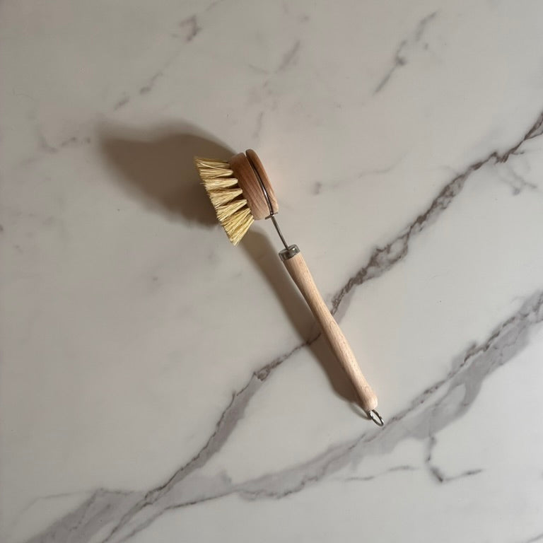 Bamboo Dish washing brush refillable head Natural on marble counter