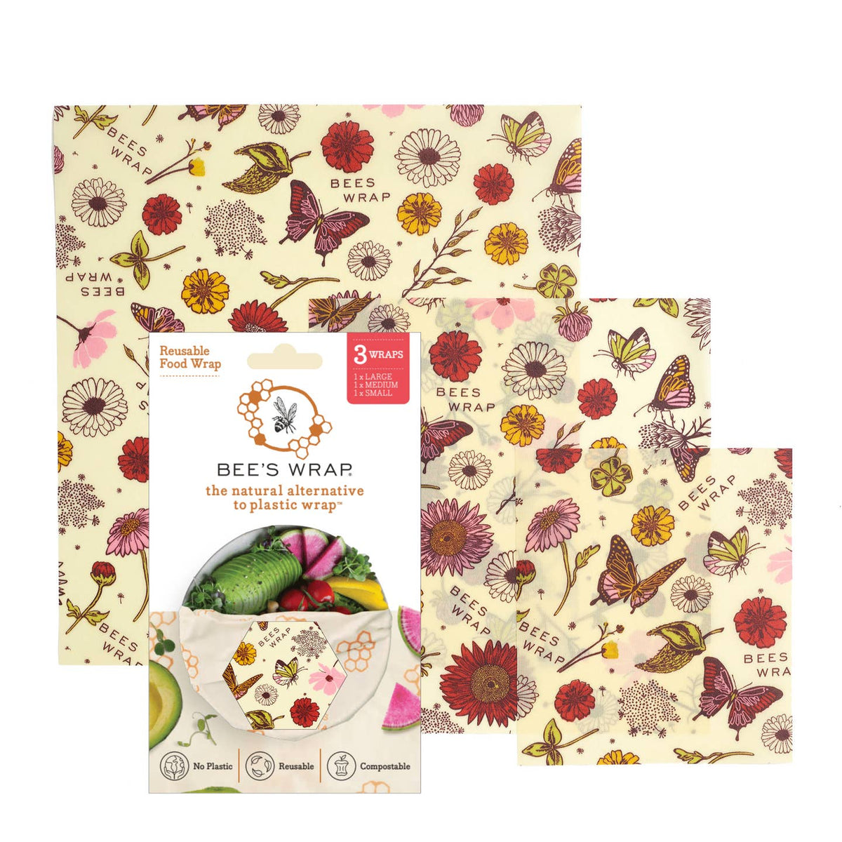 Set of floral-patterned Bee's Wrap reusable food wraps with packaging on a white background.