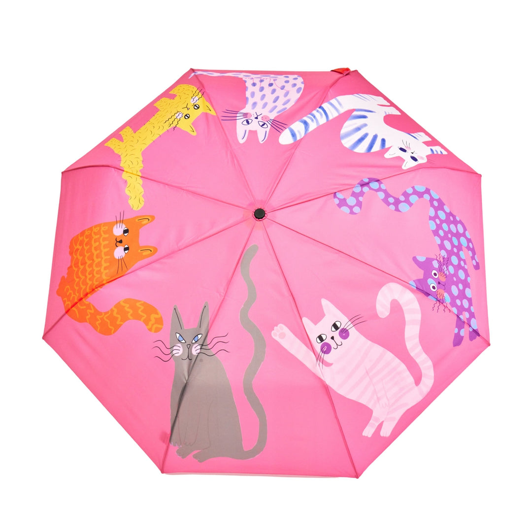 Pink umbrella with cat illustrations on a white background