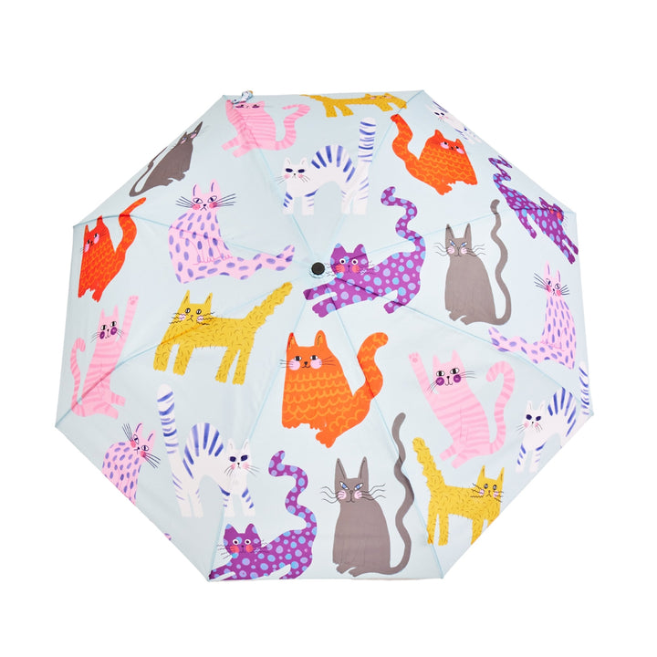 Umbrella with colorful cat pattern on a light blue background 