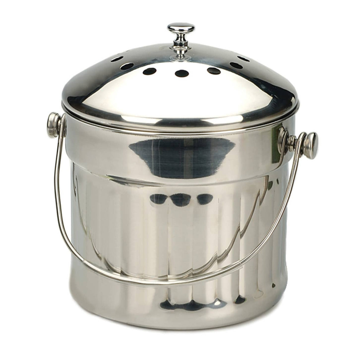 Stainless steel compost bin with lid on a white background