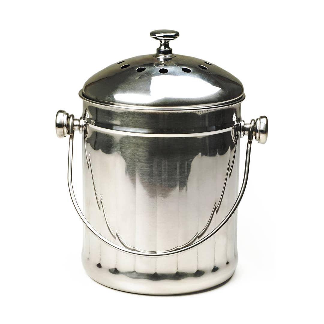 stainless steel compost bin with lid on a white background
