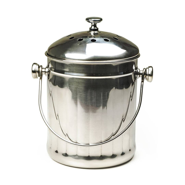stainless steel compost bin with lid on a white background