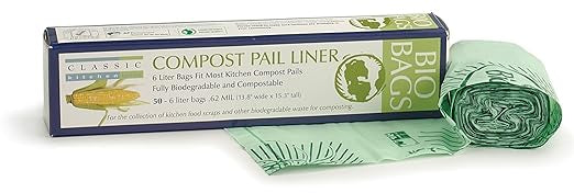A package of Classic Compost Bin Liners with a green compostable bag visible in front of the box. The box has text and branding on it.