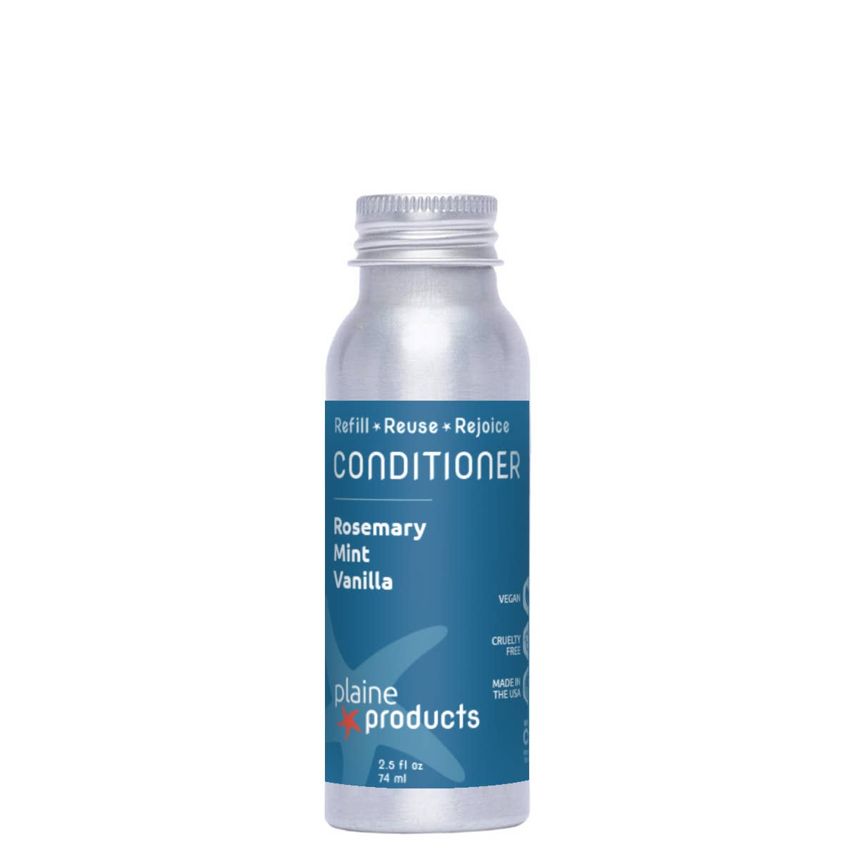 Plaine Products conditioner bottle with blue label on a white background
