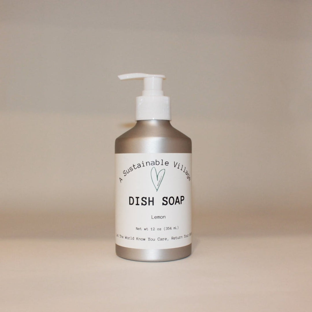 Dish soap in aluminum bottle helps to reduce plastic waste.