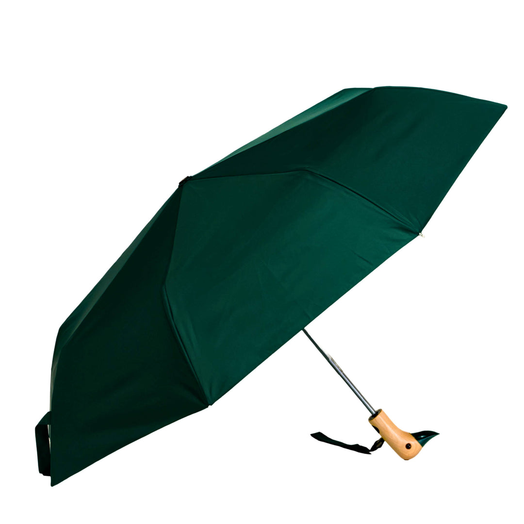 Green umbrella with a decorative handle on a white background