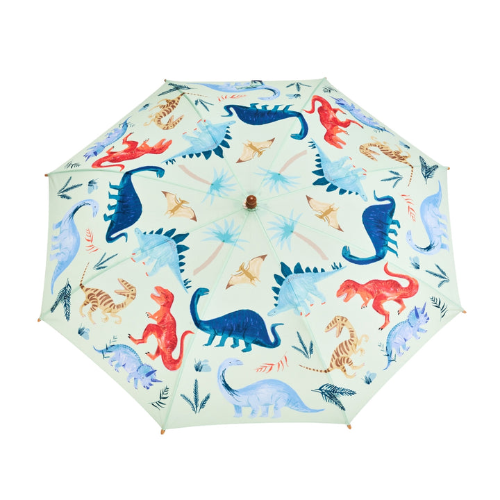 Umbrella with dinosaur pattern on a white background.  Made from Plastic Water Bottle.