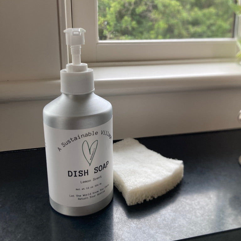 Dish soap in aluminum bottle helps to reduce plastic waste.