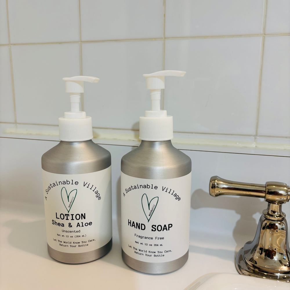Duo Hand + Lotion in aluminum bottle refillable zero waste bathroom