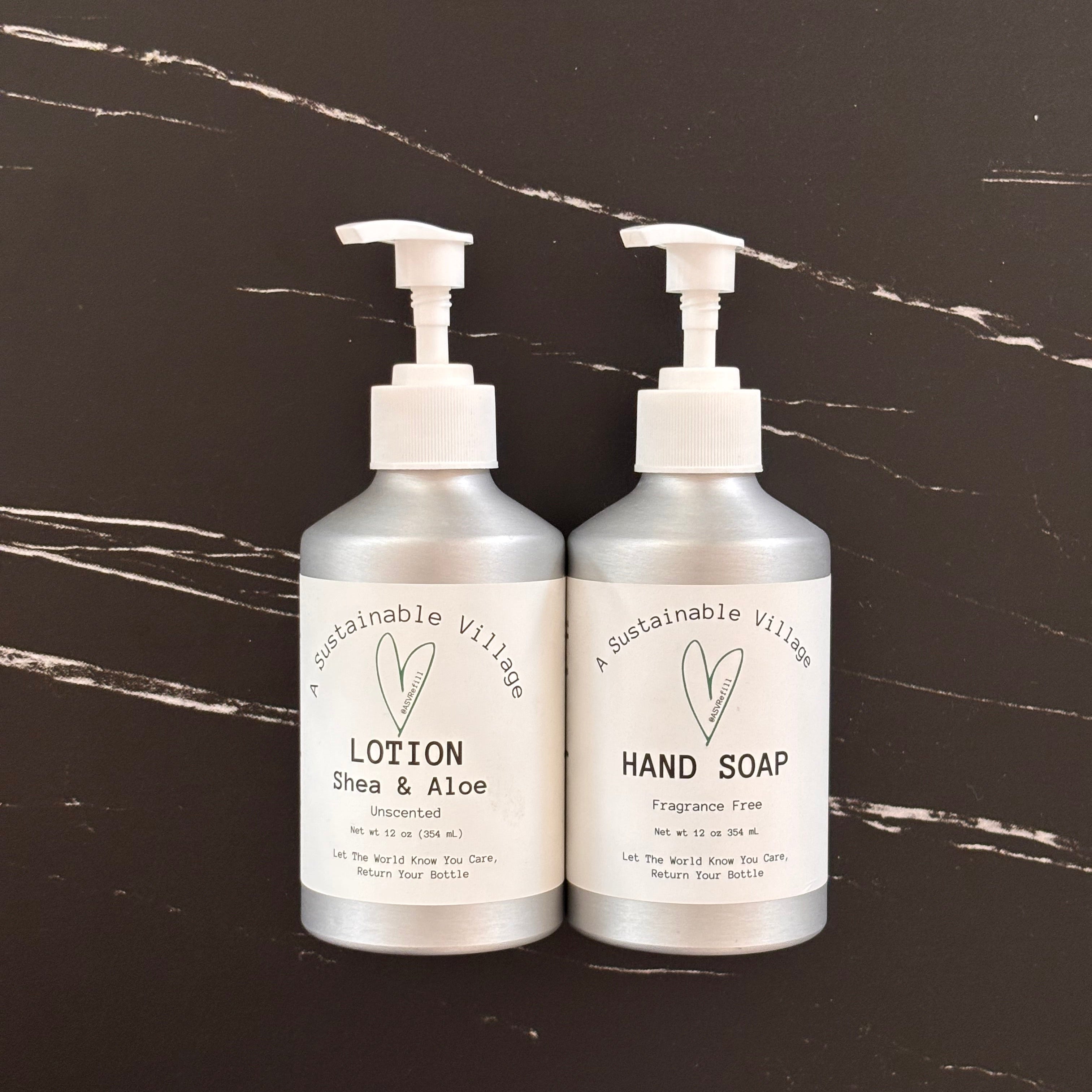 Two bottles of Sustainable Village skincare products on a dark surface