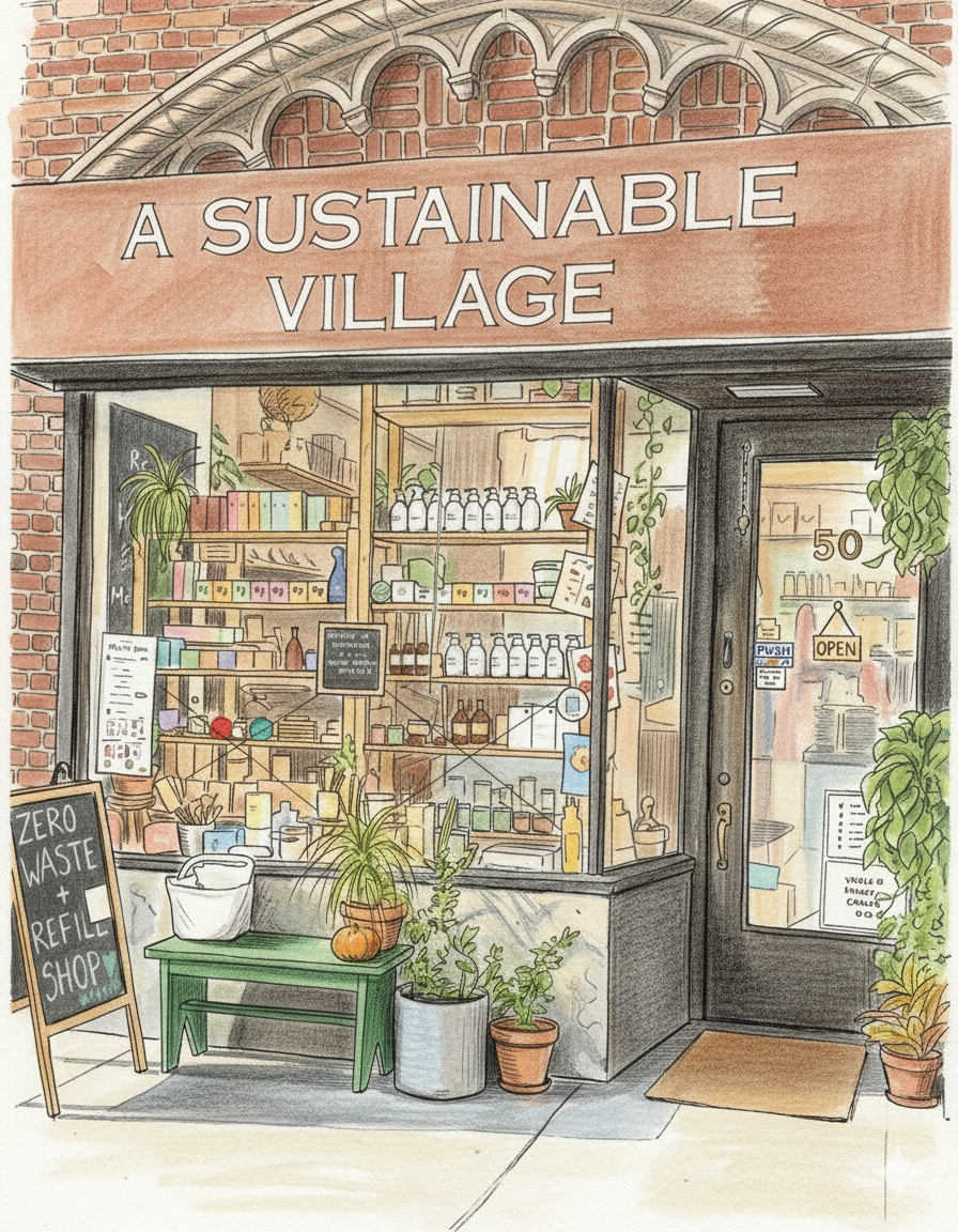 Illustration of a store front with 'A Sustainable Village' sign and zero waste refill shop.