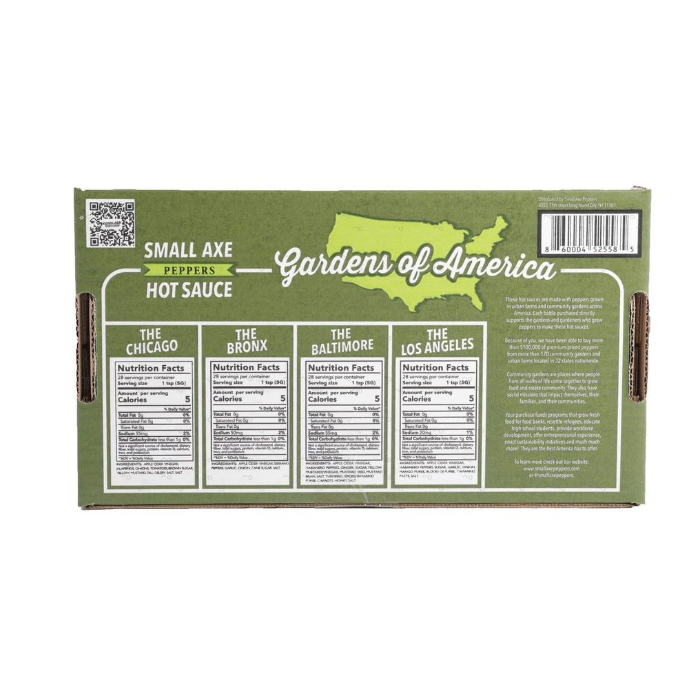 Gardens of America hot sauce packaging with a map of the United States on a white background, hot sauce with a cause.  Sustainable, local, community based peppers.