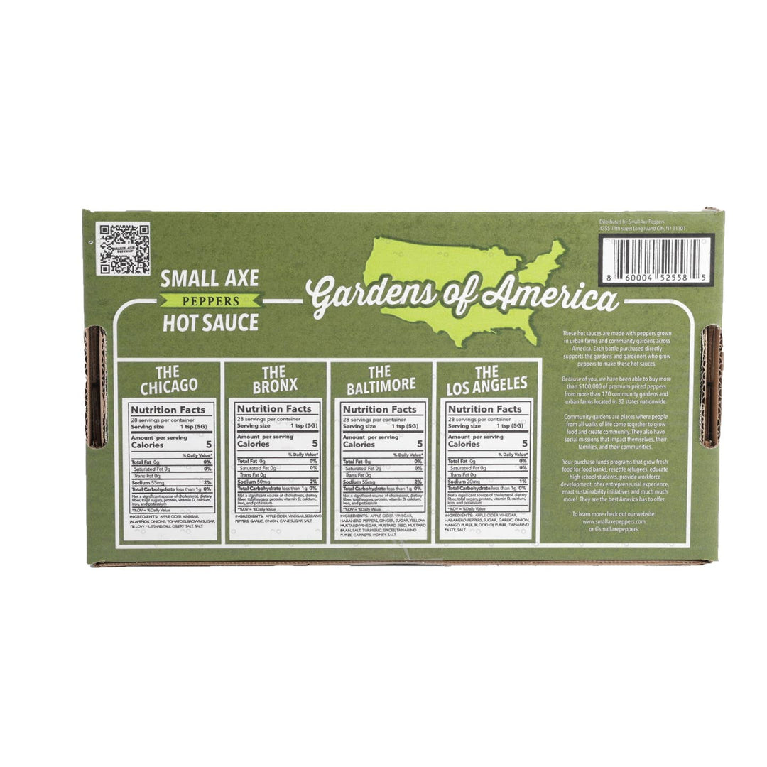 Gardens of America hot sauce packaging with a map of the United States on a white background, hot sauce with a cause.  Sustainable, local, community based peppers.