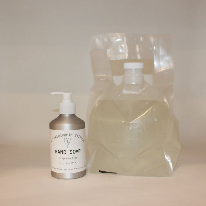 Refillable liquid soap in aluminum bottle helps to reduce plastic waste.