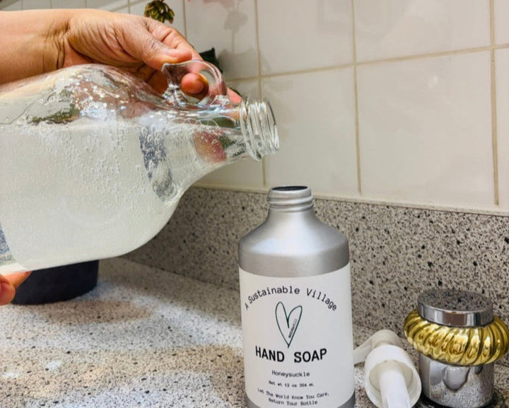 Refillable hand soap in glass bottle and aluminum bottle