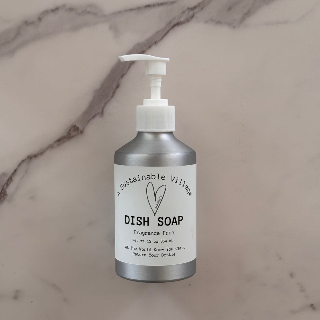 Dish soap bottle with pump on a marble surface