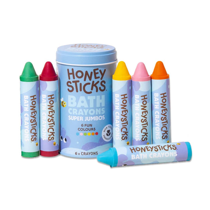 Honeysticks bath crayons set with a tin on a white background