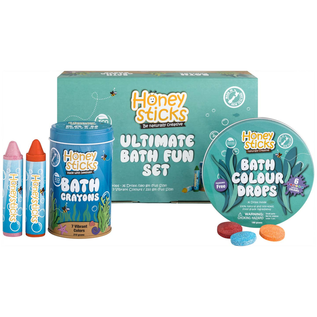 Honey Sticks bath fun set with bath crayons, bath colour drops, and packaging on a white background