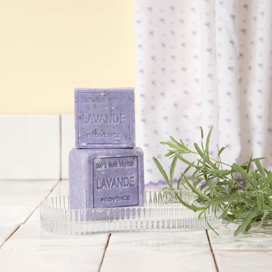 Two bars of lavender soap on a glass tray with a plant in the background.