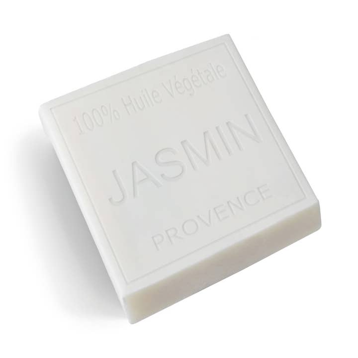 A square white bar of natural vegetable oil soap embossed with 'JASMIN PROVENCE' and '100% Huile Végétale' on a clean white background.