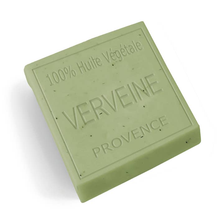 A rectangular bar of natural vegetable oil soap in a light sage green color, embossed with 'VERVEINE PROVENCE' and '100% Huile Végétale' on a clean white background.