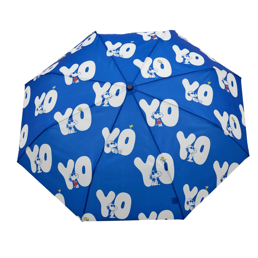 Blue umbrella with white 'YO' pattern on a white background
