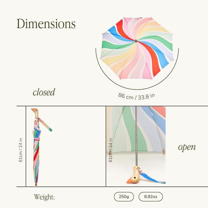Colorful umbrella with dimensions displayed on a white background