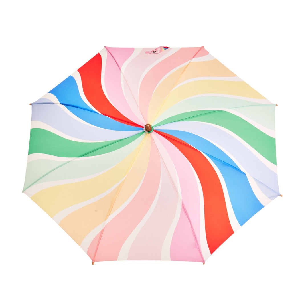 Colorful umbrella with a spiral pattern on a white background. Made from Plastic Bottle.