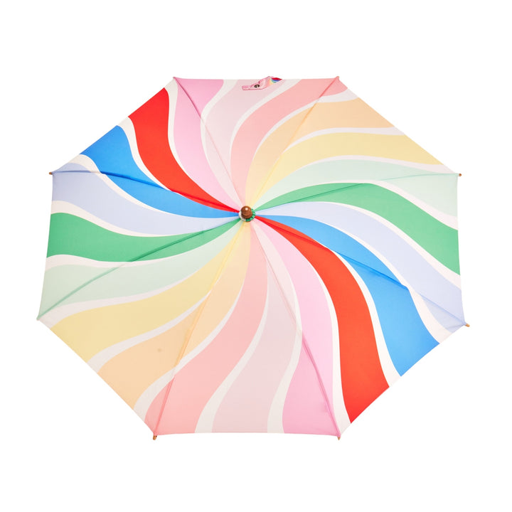 Colorful umbrella with a spiral pattern on a white background. Made from Plastic Bottle.