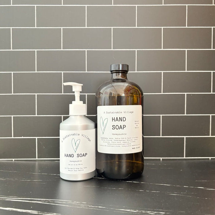 Two bottles of hand soap on a black countertop with a gray tiled wall background. Refillable
