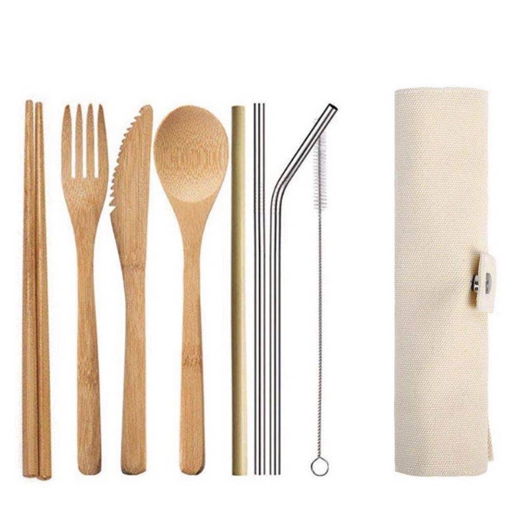 An 8-piece reusable bamboo and stainless steel cutlery set, displayed with a beige fabric case and a straw.