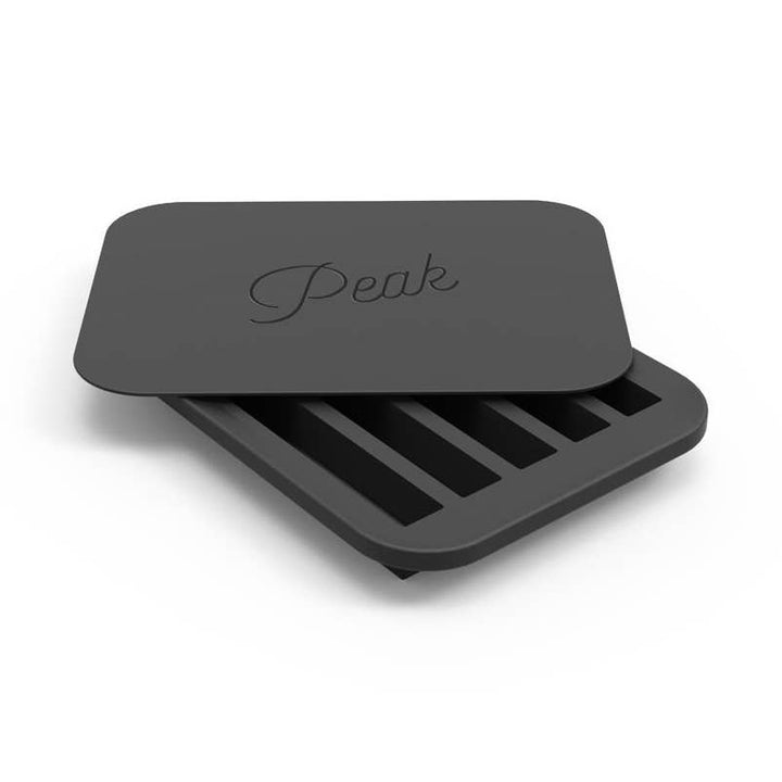 Black silicone ice cube tray for water bottle with 'Peak' branding on a white background