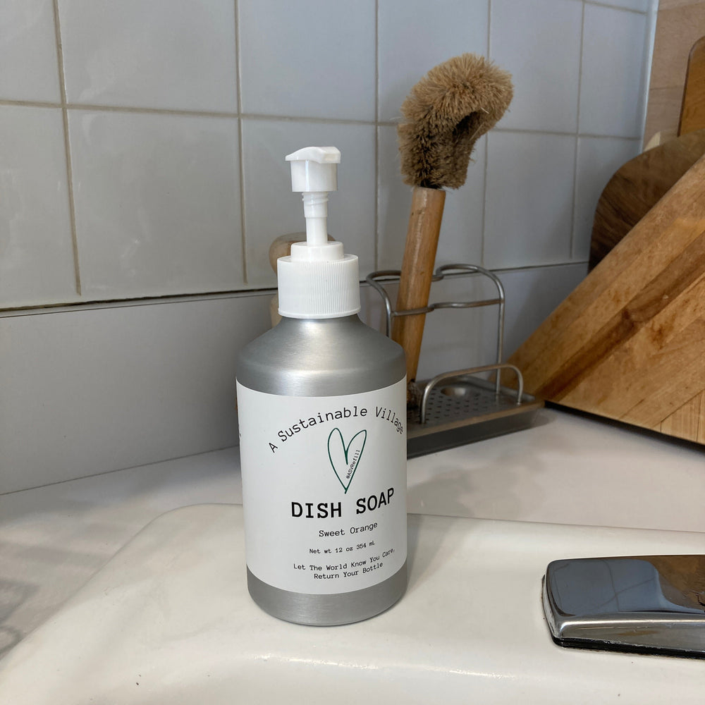 Zero waste, refillable dish soap in aluminum bottle.