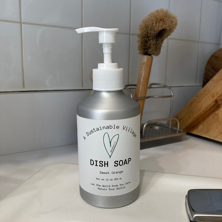 Zero waste refillable dish soap in aluminum bottle.