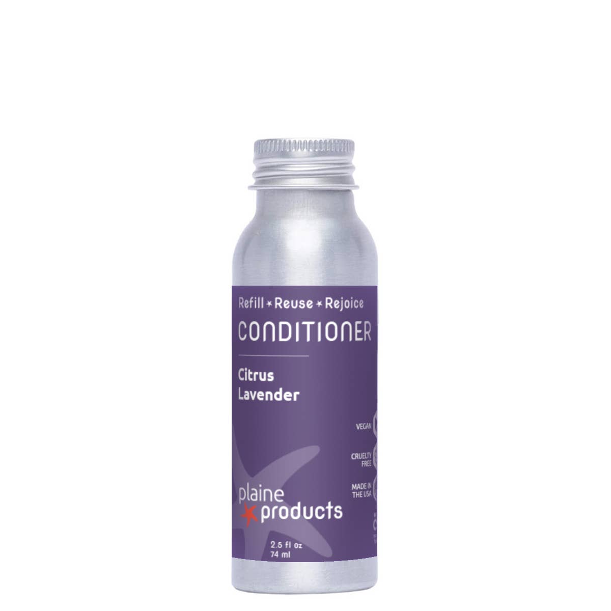 Silver bottle of conditioner with purple label on a white background